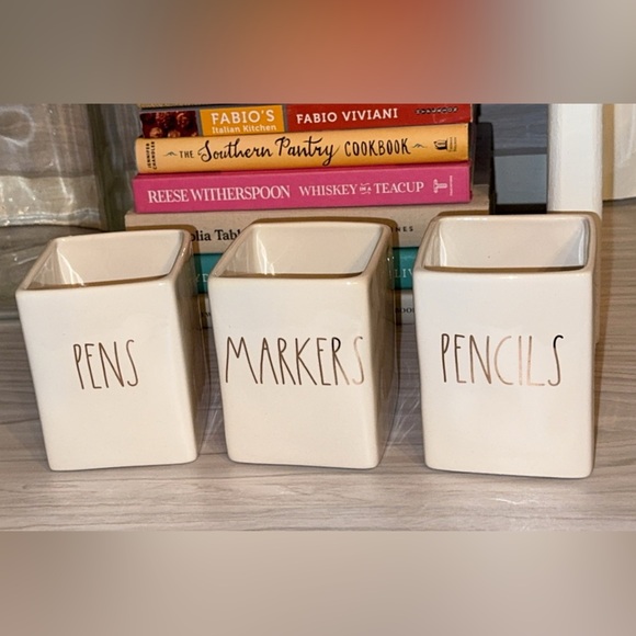 RAE DUNN Ceramic 3 Pc Desk/Office Organizers Pens/Markers/Pencils Holders - Picture 1 of 3